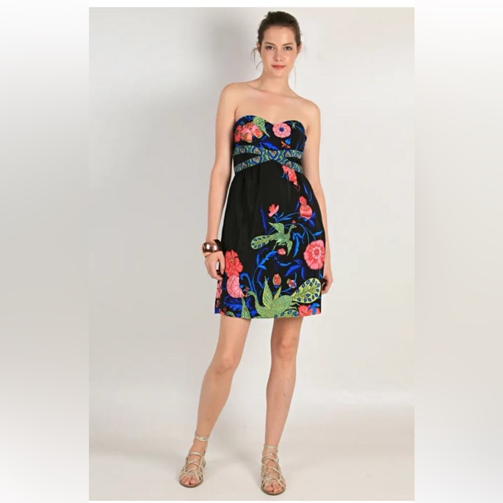 Tibi Palm Beach Floral Garden  100 % Silk Strapless Peacock Print Mini Dress